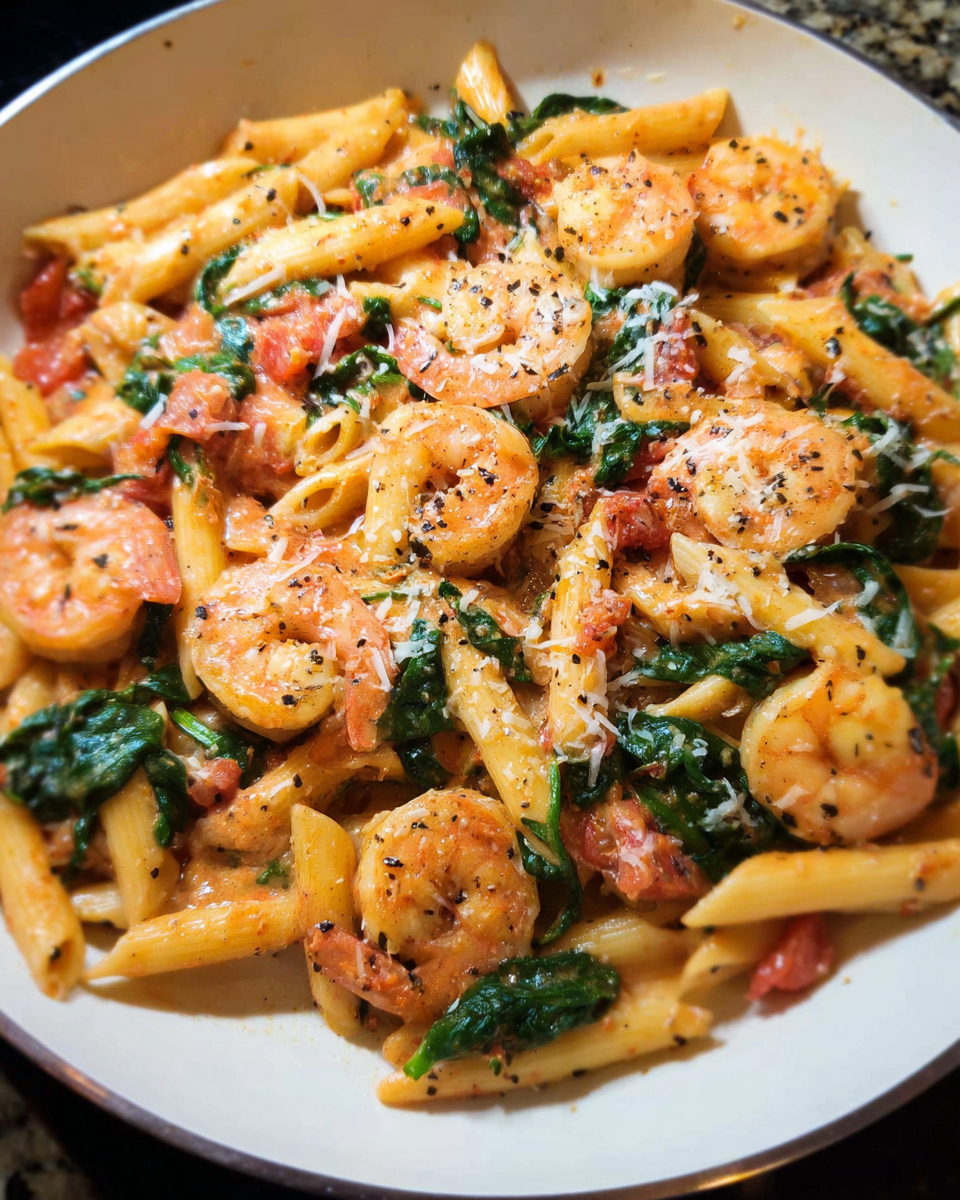 one pot shrimp and spinach creamy pasta in skillet