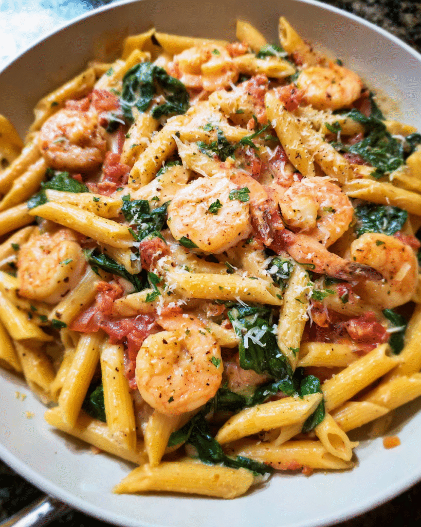 one pot shrimp and spinach creamy pasta in skillet