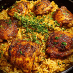 One-pan Chicken and Garlic Rice cooked in a skillet