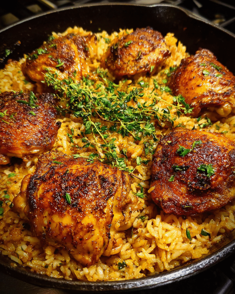 One-pan Chicken and Garlic Rice cooked in a skillet