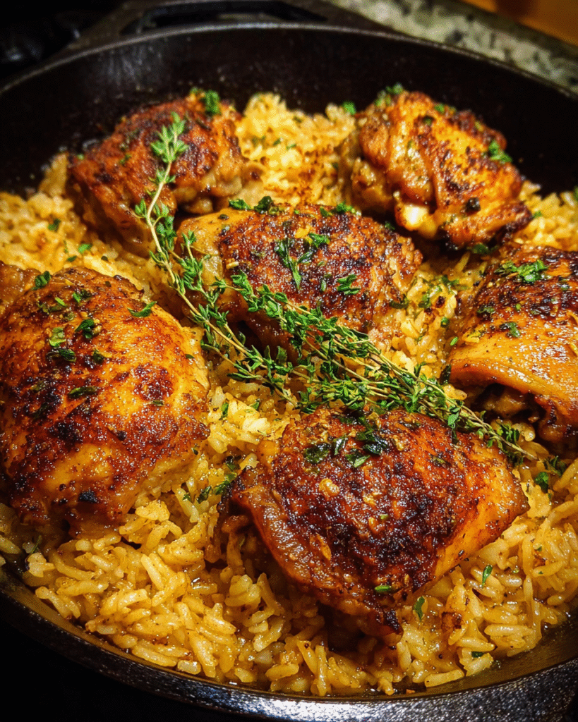 One-pan Chicken and Garlic Rice cooked in a skillet