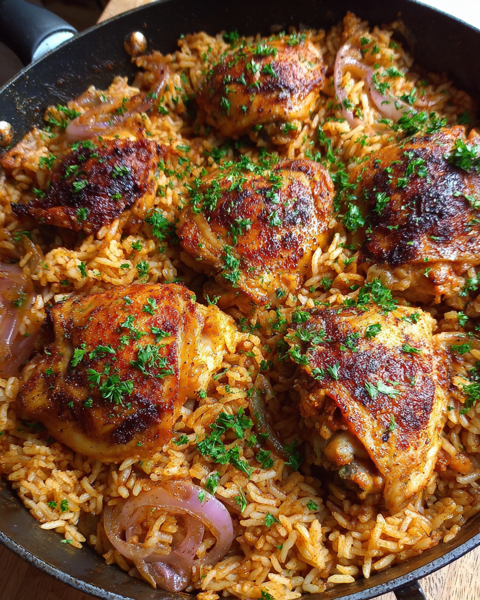 Paprika chicken baked with rice in skillet