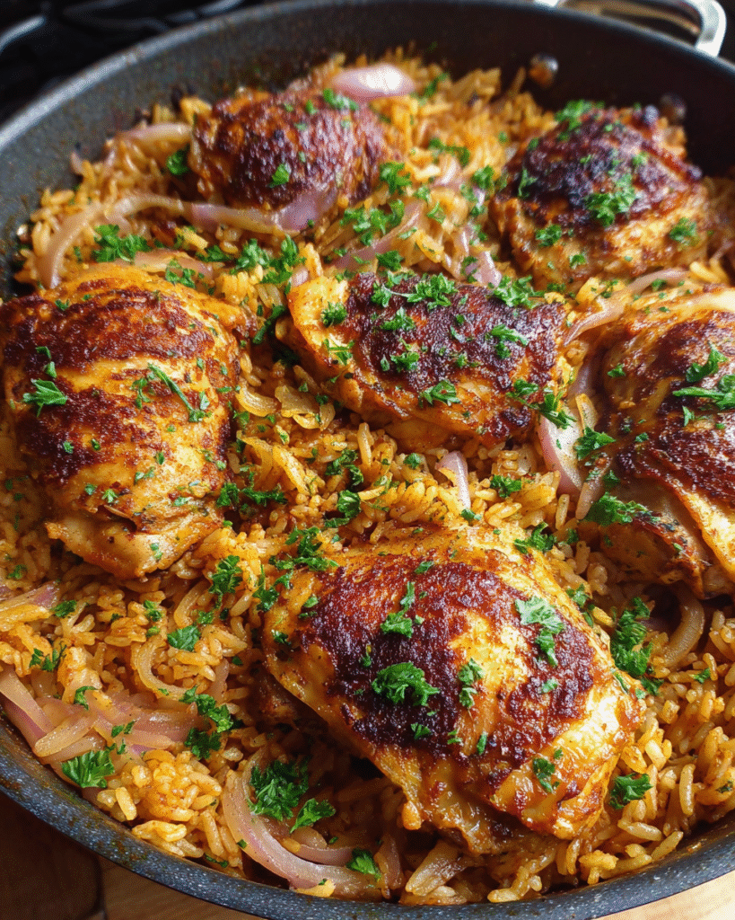 Paprika chicken baked with rice in skillet