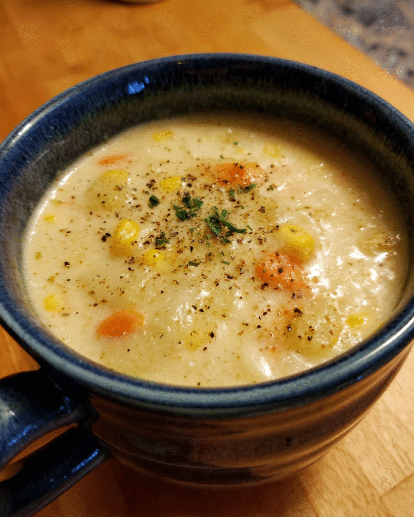 Bowl of creamy Parmesan Corn Chowder with vegetables