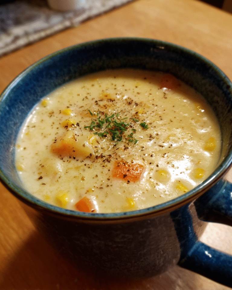 Bowl of creamy Parmesan Corn Chowder with vegetables