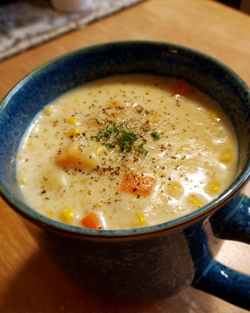 Bowl of creamy Parmesan Corn Chowder with vegetables
