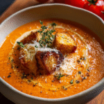 Parmesan roasted garlic tomato soup in a bowl with basil