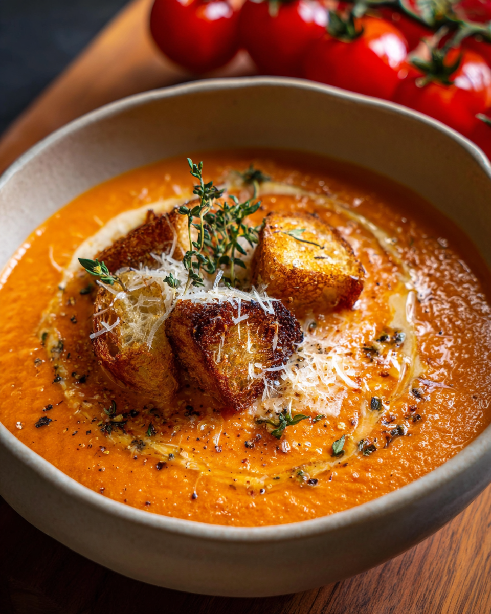 Parmesan roasted garlic tomato soup in a bowl with basil