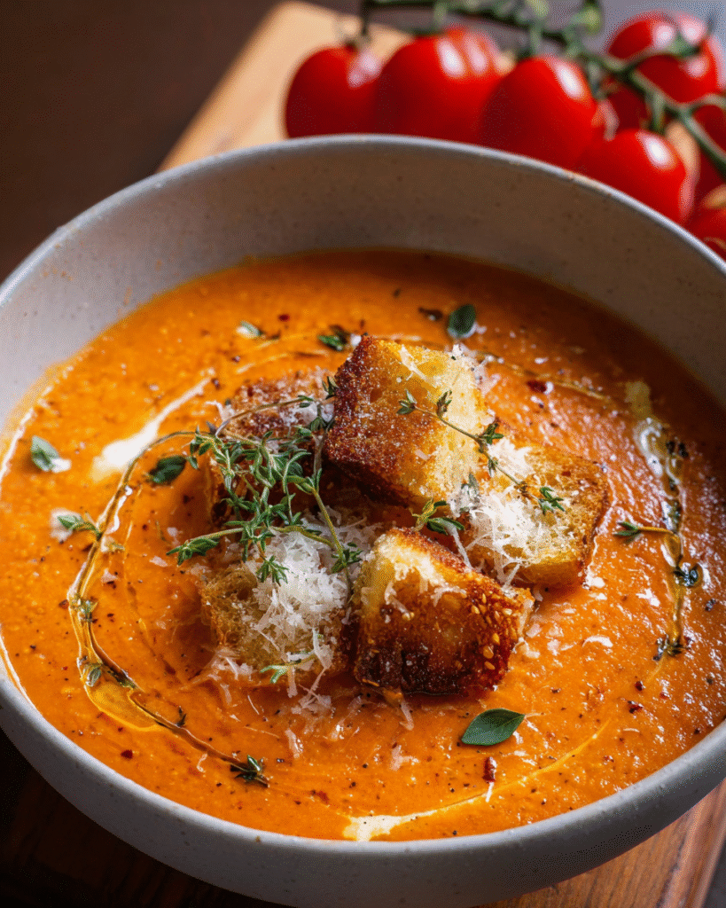 Parmesan roasted garlic tomato soup in a bowl with basil