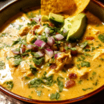 Bowl of creamy queso chicken corn chowder with avocado and tortilla chips