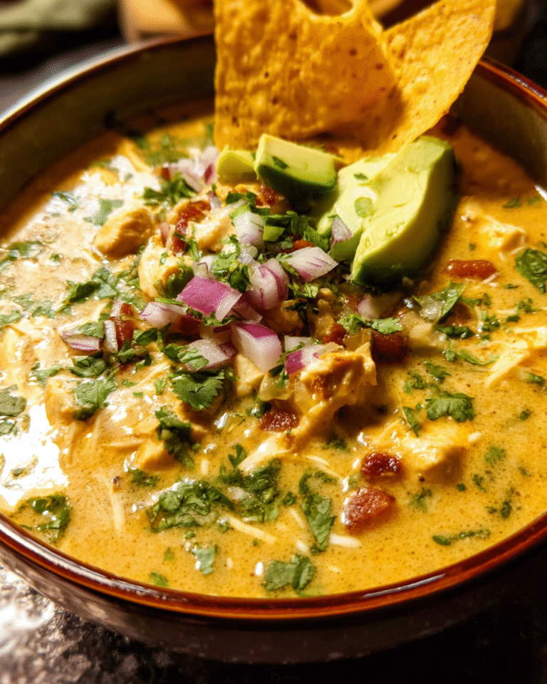 Bowl of creamy queso chicken corn chowder with avocado and tortilla chips