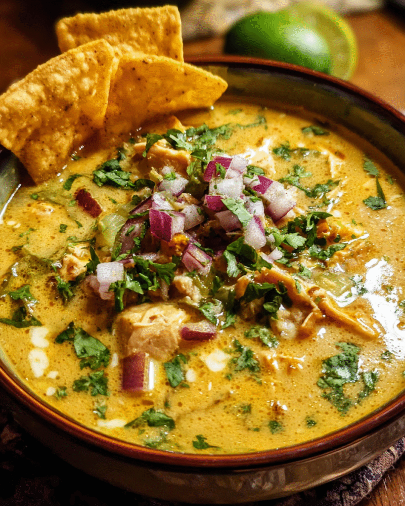 Bowl of creamy queso chicken corn chowder with avocado and tortilla chips