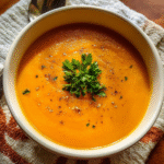 Roasted Carrot Apple Ginger Soup in a bowl with fresh apples and carrots