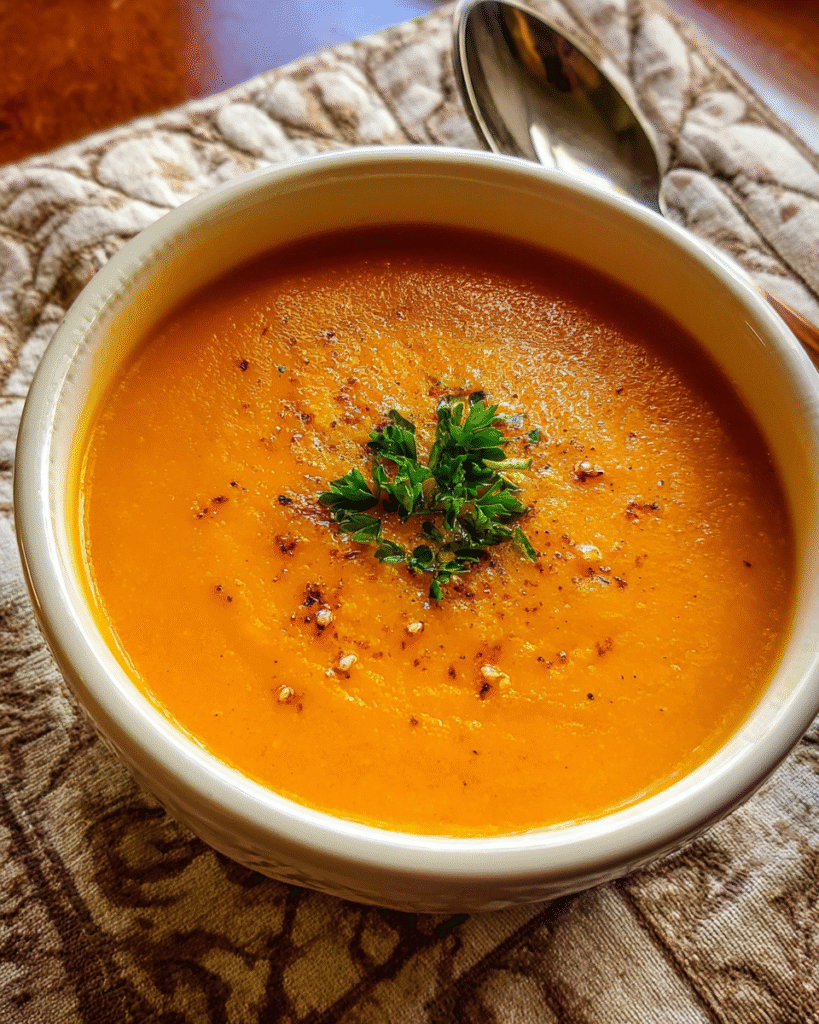 Roasted Carrot Apple Ginger Soup in a bowl with fresh apples and carrots