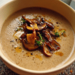 Roasted chestnut and mushroom soup in a bowl