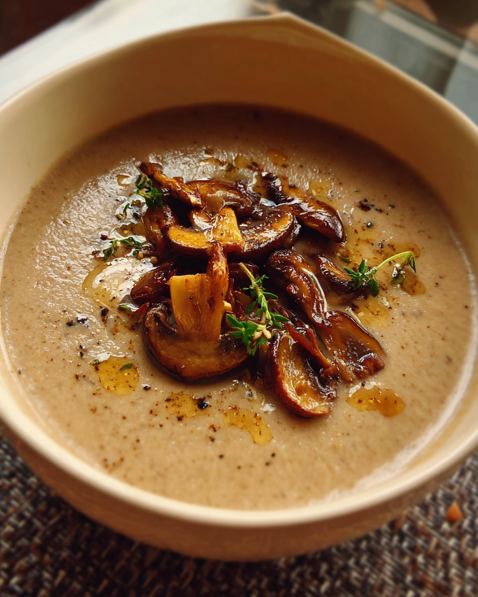 Roasted chestnut and mushroom soup in a bowl
