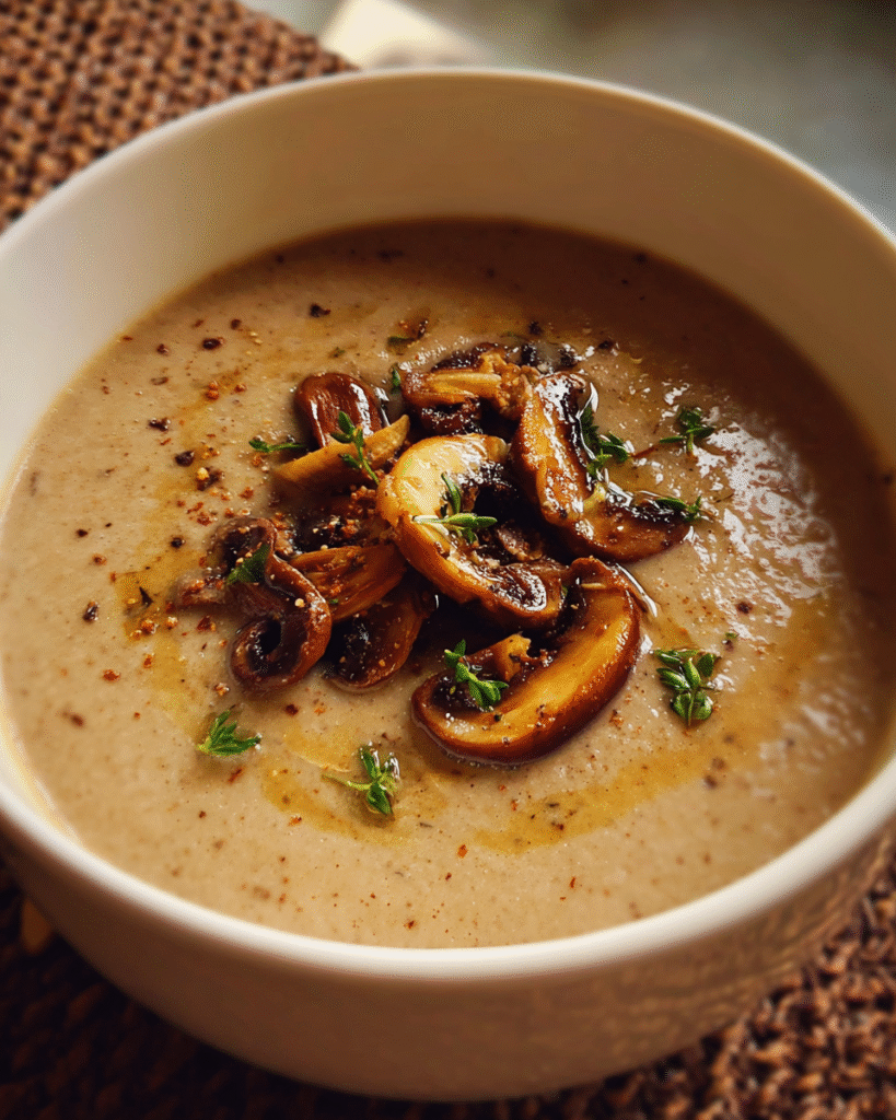 Roasted chestnut and mushroom soup in a bowl