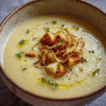 Bowl of roasted parsnip and apple soup topped with parsnip crisps