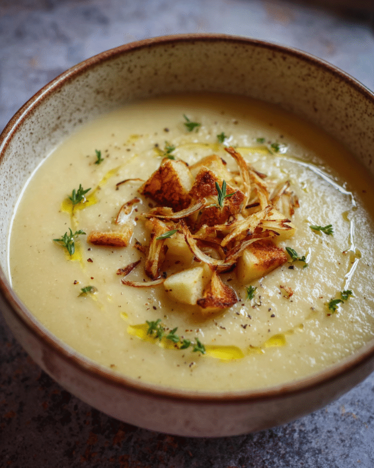 Bowl of roasted parsnip and apple soup topped with parsnip crisps