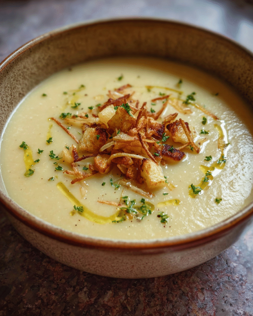 Bowl of roasted parsnip and apple soup topped with parsnip crisps
