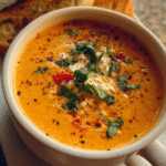Creamy roasted red pepper feta soup in a bowl