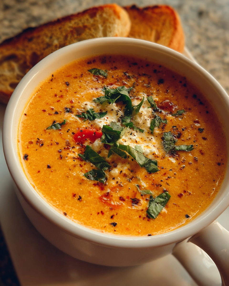 Creamy roasted red pepper feta soup in a bowl