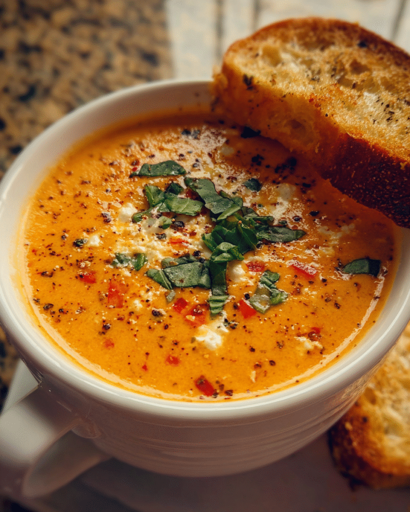 Creamy roasted red pepper feta soup in a bowl