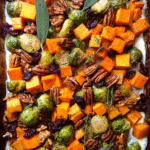 Roasted vegetables served over garlic yogurt sauce with pecans
