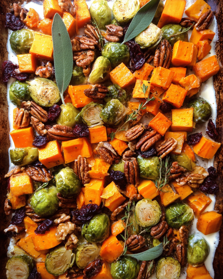 Roasted vegetables served over garlic yogurt sauce with pecans