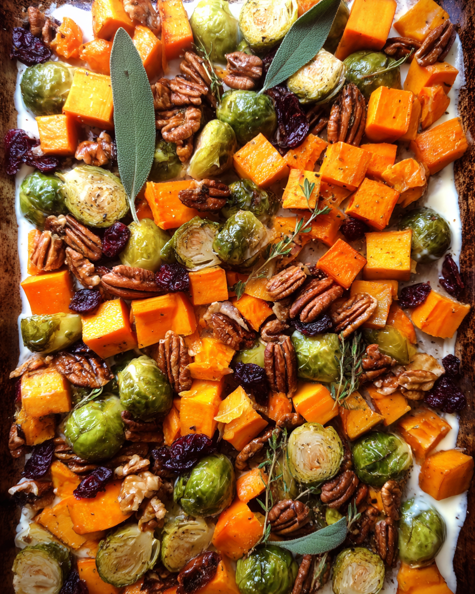 Roasted vegetables served over garlic yogurt sauce with pecans