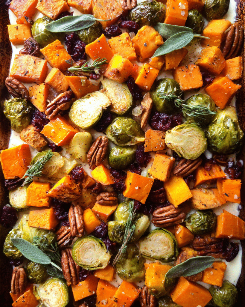 Roasted vegetables served over garlic yogurt sauce with pecans