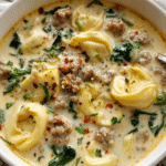 Sausage Tortellini Soup in a creamy broth with kale