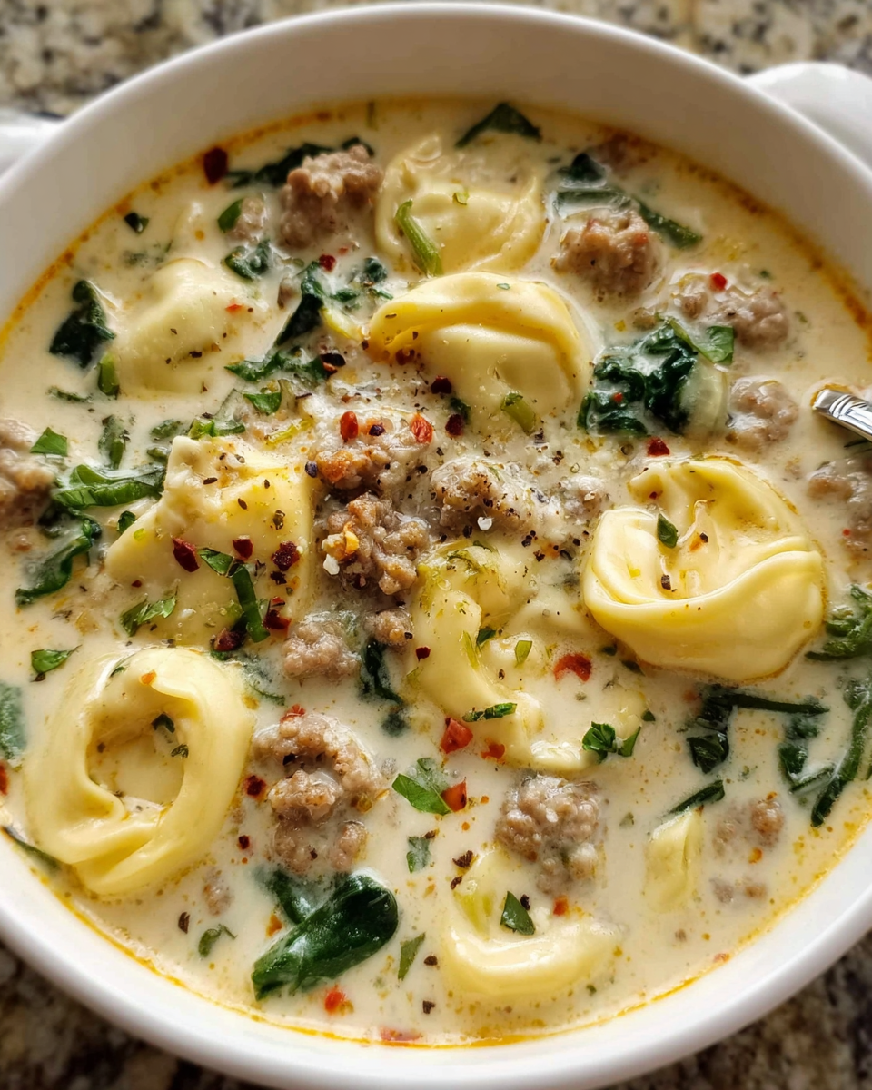 Sausage Tortellini Soup in a creamy broth with kale