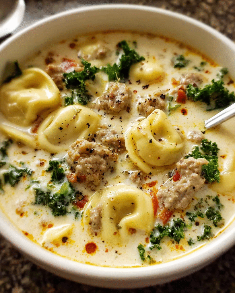 Sausage Tortellini Soup in a creamy broth with kale