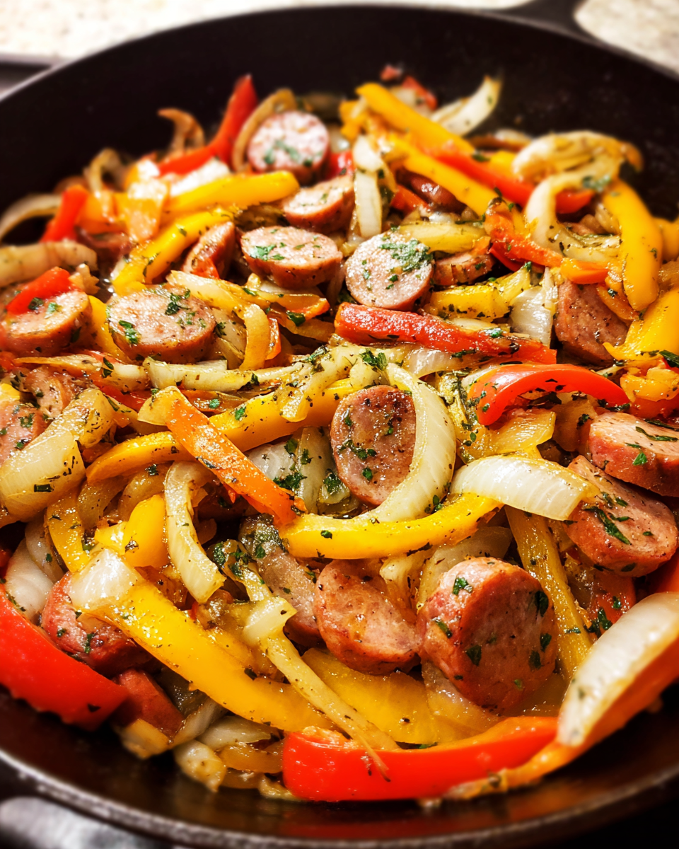 Sausage and peppers skillet cooked in one pan