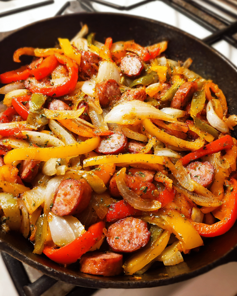 Sausage and peppers skillet cooked in one pan