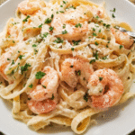 Shrimp Alfredo Pasta with creamy Parmesan sauce