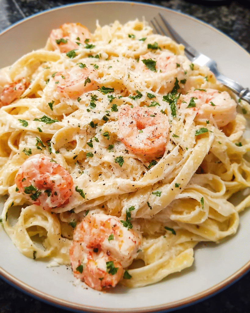 Shrimp Alfredo Pasta with creamy Parmesan sauce