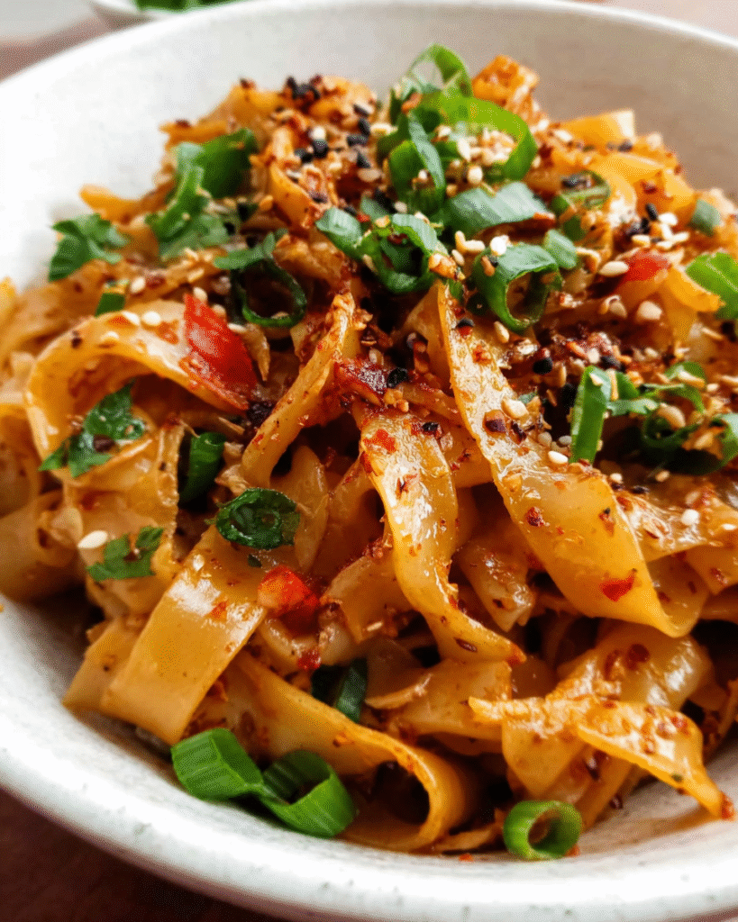 bowl of spicy chili garlic noodles with green onions