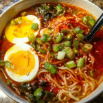 Spicy Gochujang Noodle Soup in a bowl with noodles, egg, and chili oil