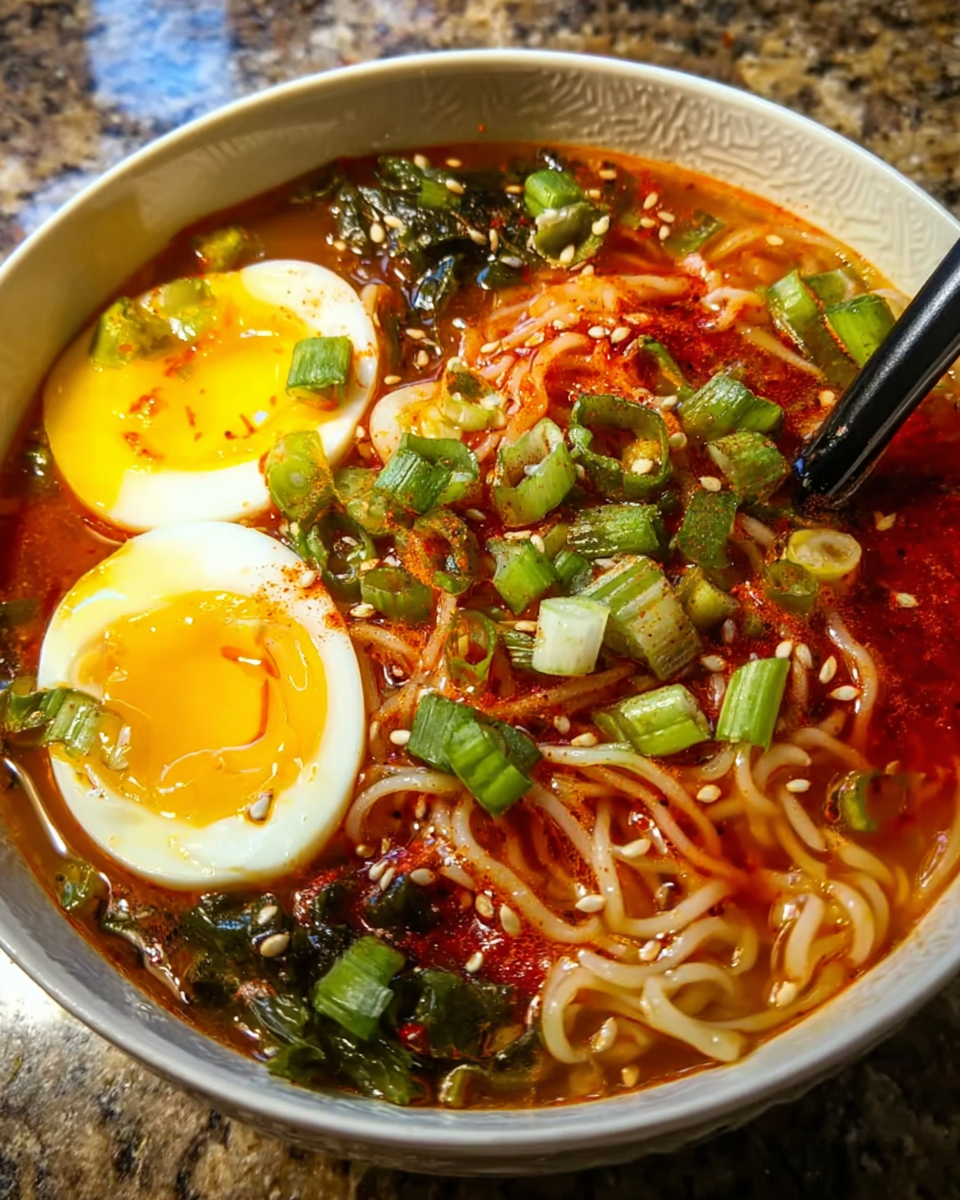 Spicy Gochujang Noodle Soup in a bowl with noodles, egg, and chili oil