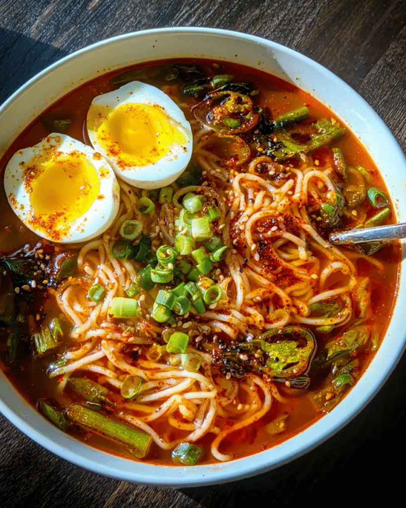 Spicy Gochujang Noodle Soup in a bowl with noodles, egg, and chili oil