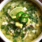 Spicy lime avocado soup topped with cilantro and cheese