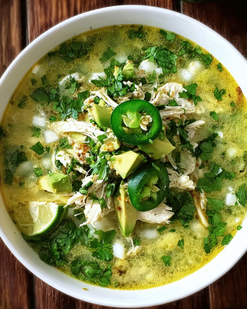 Spicy lime avocado soup topped with cilantro and cheese