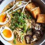 Bowl of spicy ramen with creamy sesame broth and mushrooms