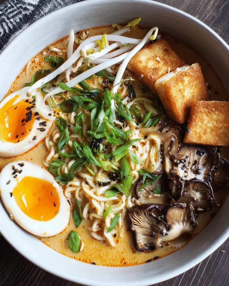 Bowl of spicy ramen with creamy sesame broth and mushrooms