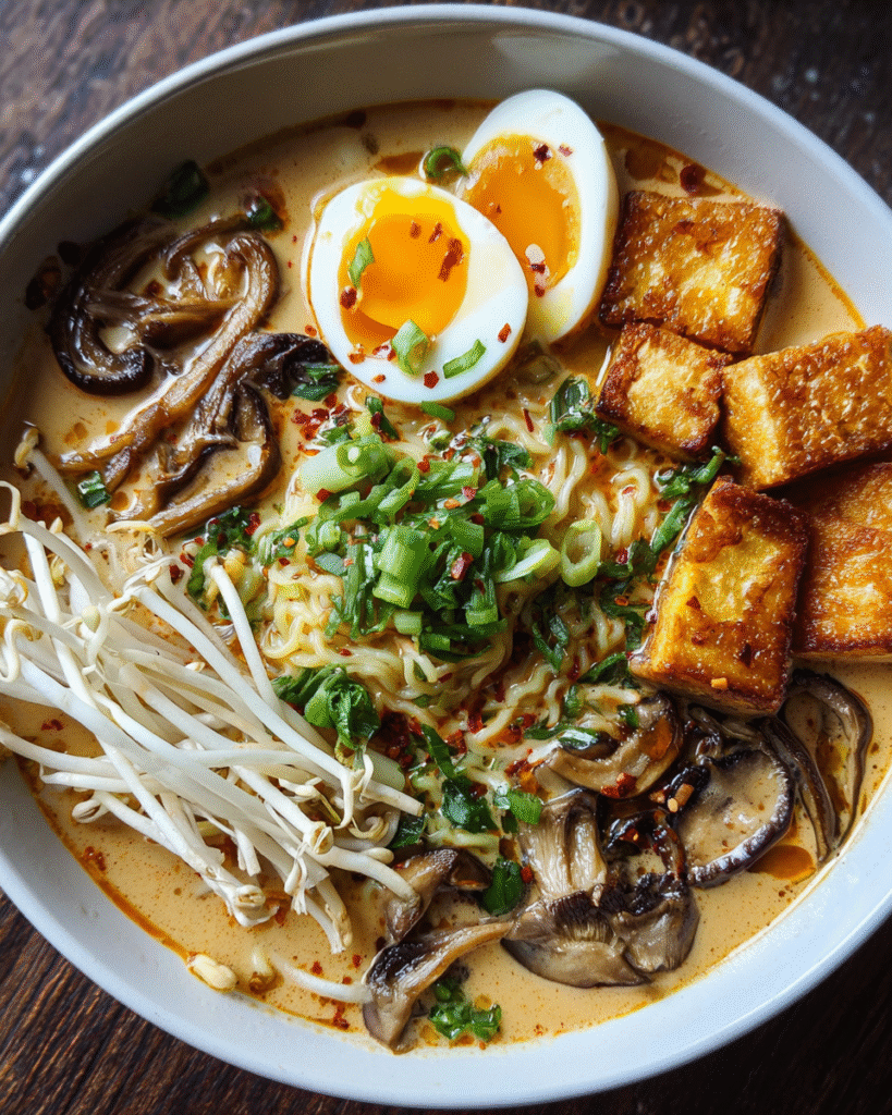 Bowl of spicy ramen with creamy sesame broth and mushrooms