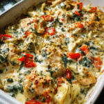 Spinach artichoke chicken bake fresh from the oven