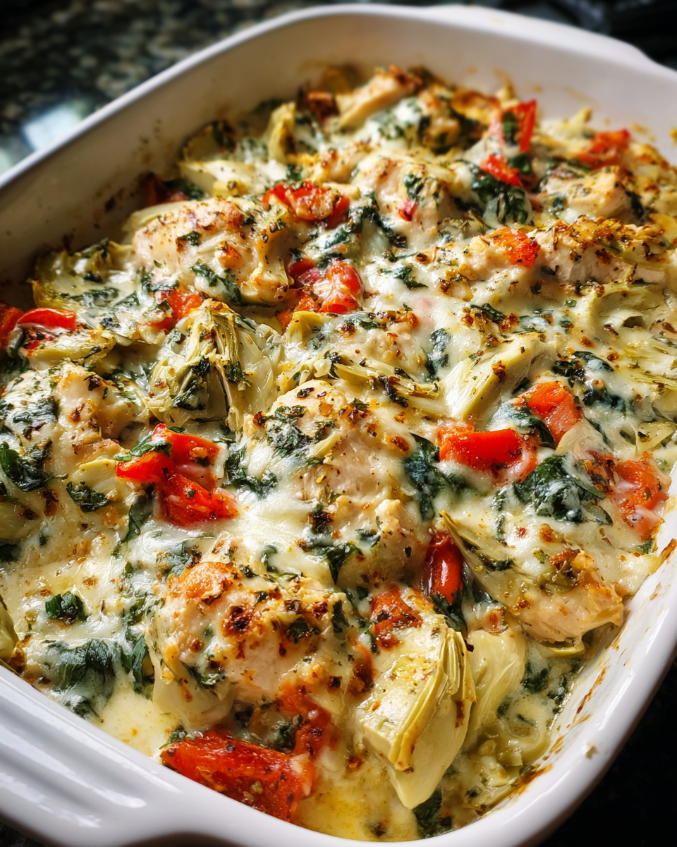Spinach artichoke chicken bake fresh from the oven
