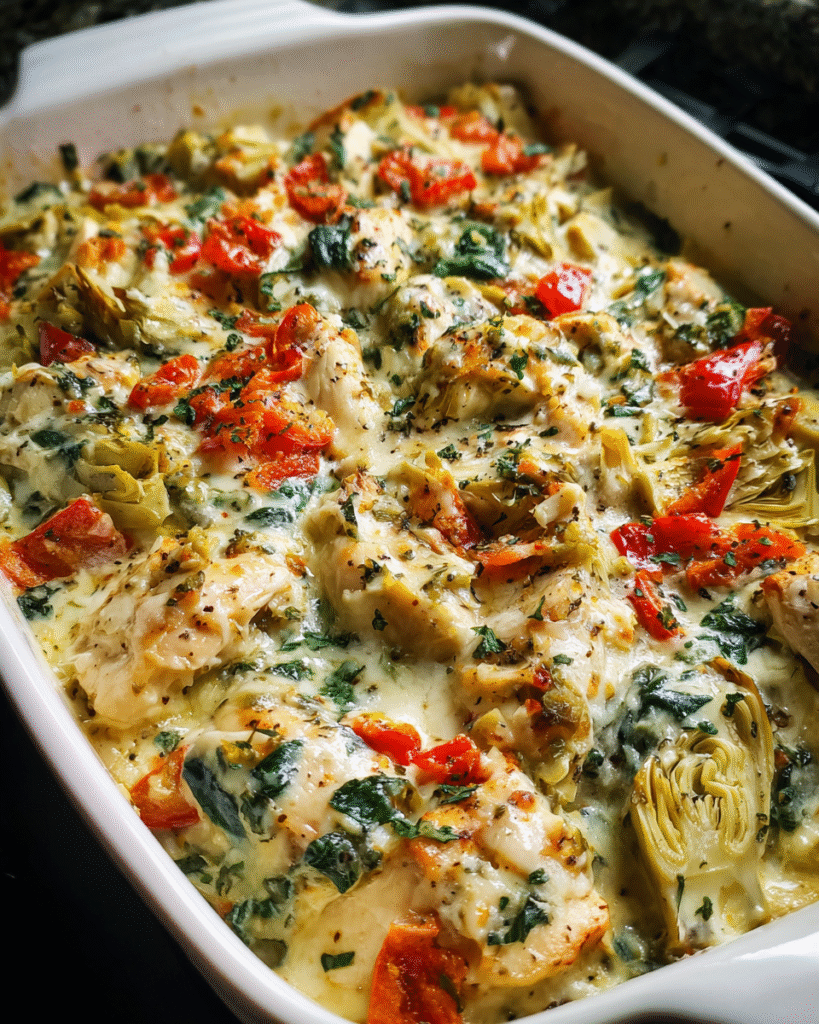 Spinach artichoke chicken bake fresh from the oven